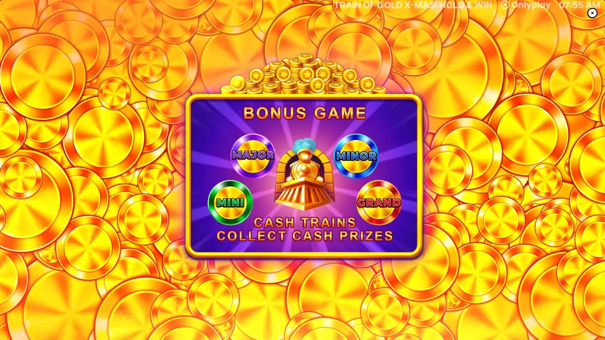 Tampilan visual slot Train of Gold X-Mas: Hold & Win dengan tema kereta emas dan suasana musim dingin.